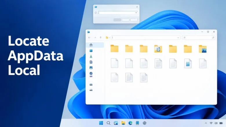 Windows 11 desktop with File Explorer open to the AppData Local folder, showing how to find the hidden AppData folder on a PC.