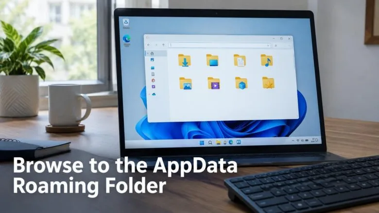 A Windows 11 desktop with File Explorer open, showing how to reach the AppData Roaming folder on a PC.