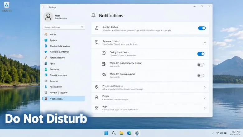 Windows 11 Settings panel showing Notifications options with Do Not Disturb scheduling controls visible.