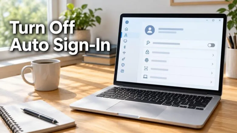A Windows 11 laptop on a desk showing sign-in settings with the automatic sign-in toggle switched off after updates.