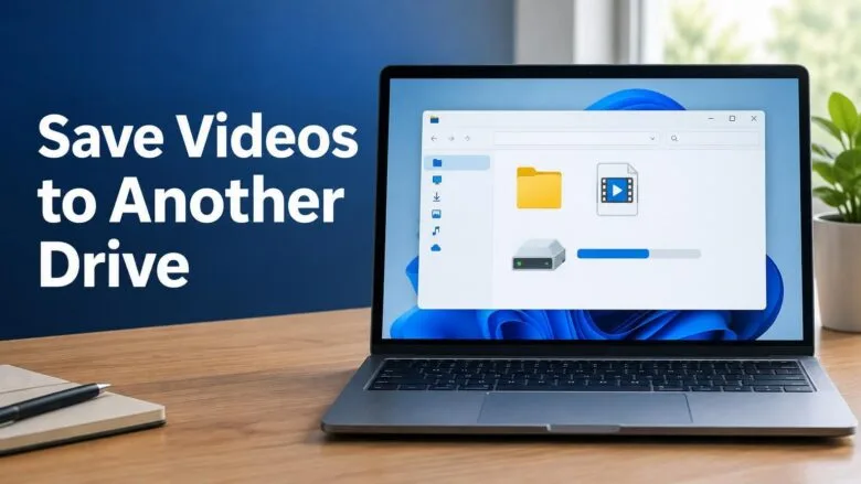 A laptop on a wooden desk showing Windows 11 File Explorer with a video file icon and a second storage drive selected.