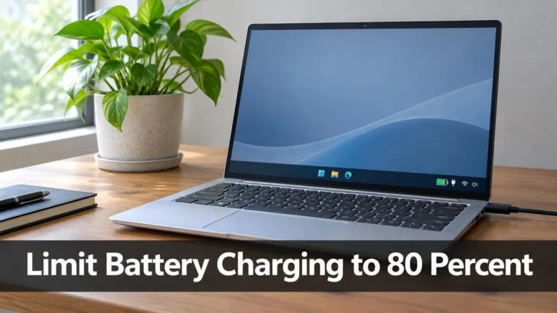 A silver Windows 11 laptop on a wooden desk showing a battery charging icon, illustrating how to limit battery charging to 80 percent.
