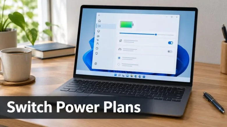 A Windows 11 laptop on a desk showing power settings, illustrating how to switch power plans to improve battery life.