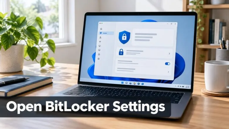 Windows 11 laptop on a desk showing a padlock and shield icon, representing BitLocker drive encryption settings.