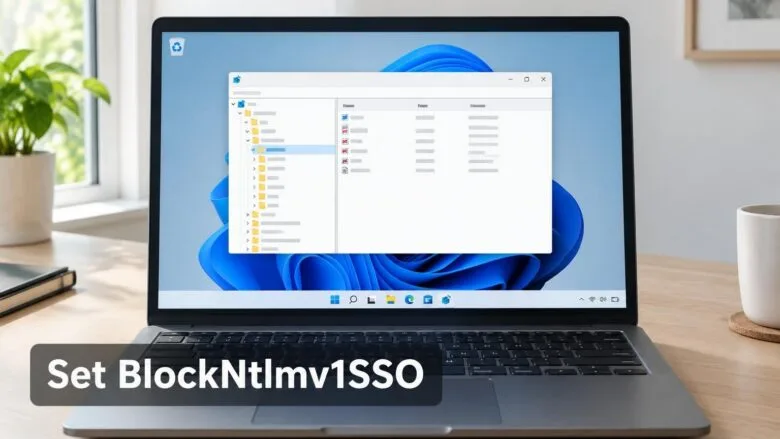 Windows 11 Registry Editor open on a laptop, showing how to set the BlockNtlmv1SSO registry value.