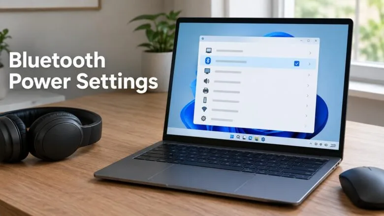 A Windows 11 laptop on a desk showing Device Manager with a highlighted Bluetooth adapter, beside a wireless mouse and headphones.