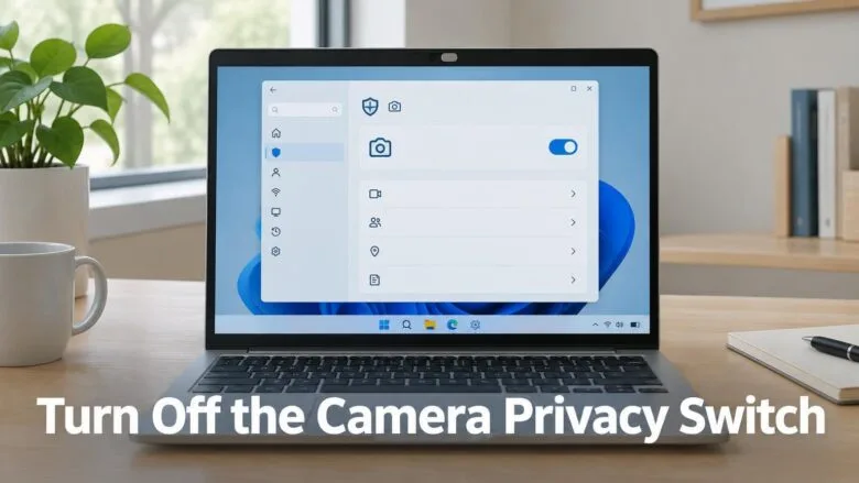 A Windows 11 laptop on a desk with its webcam shutter slid open and the camera access toggle switched on in Settings.