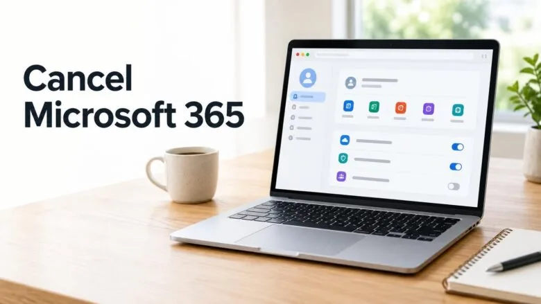 A laptop on a desk showing a web browser account page for cancelling a Microsoft 365 subscription, with the title Cancel Microsoft 365 beside it.