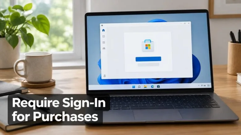 A Windows 11 laptop displaying the Microsoft Store app with a sign-in prompt, illustrating how to require sign-in for Store purchases.