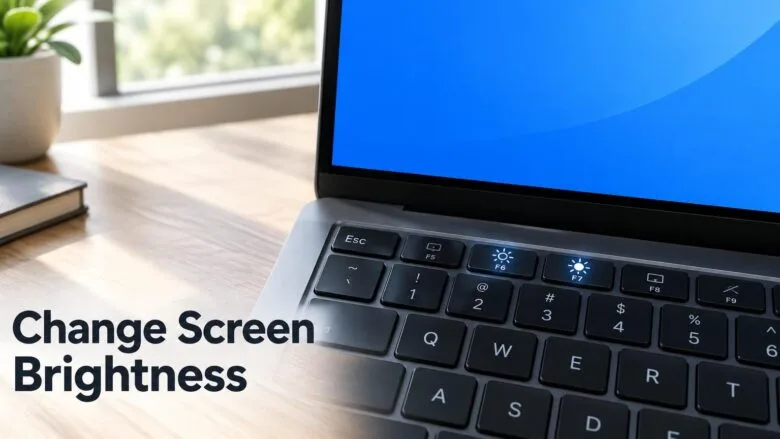 A Windows 11 laptop keyboard with sun icons on the function row, showing the keys used to change screen brightness.