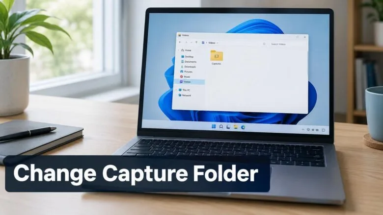 A Windows 11 laptop with File Explorer open to the Videos and Captures folders, showing where game captures are saved.