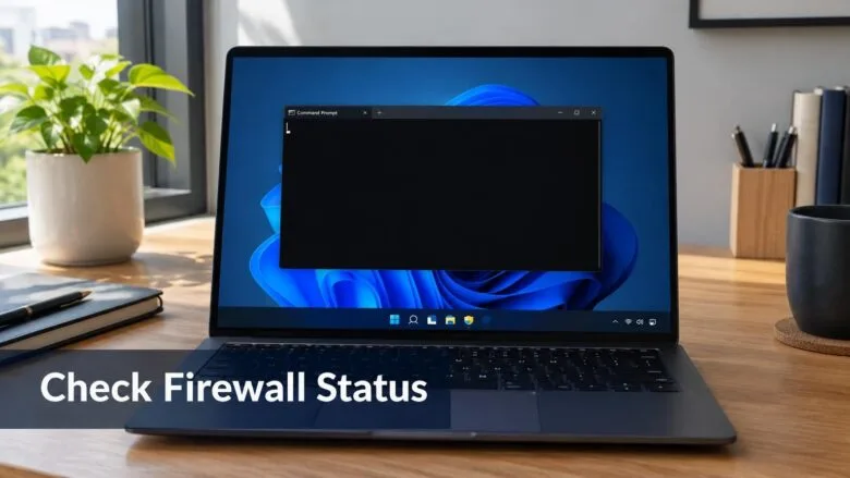 A Windows 11 desktop with a Command Prompt window open, illustrating how to check whether Windows Firewall is on.