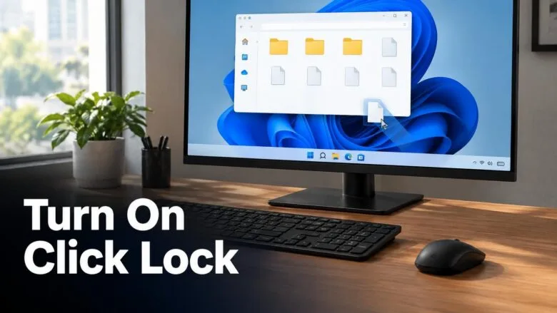 A Windows 11 desktop with a mouse on a wooden desk and a file being dragged across a large monitor, illustrating how to use click lock.