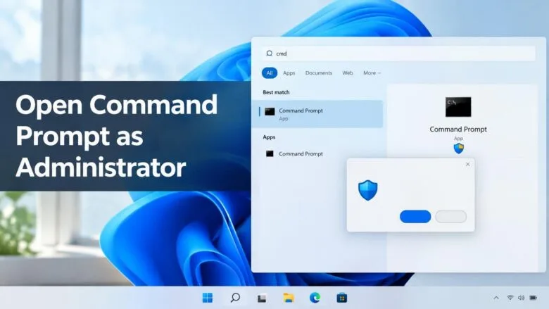 Windows 11 desktop with the Start menu open and Command Prompt highlighted, showing how to launch cmd as administrator.