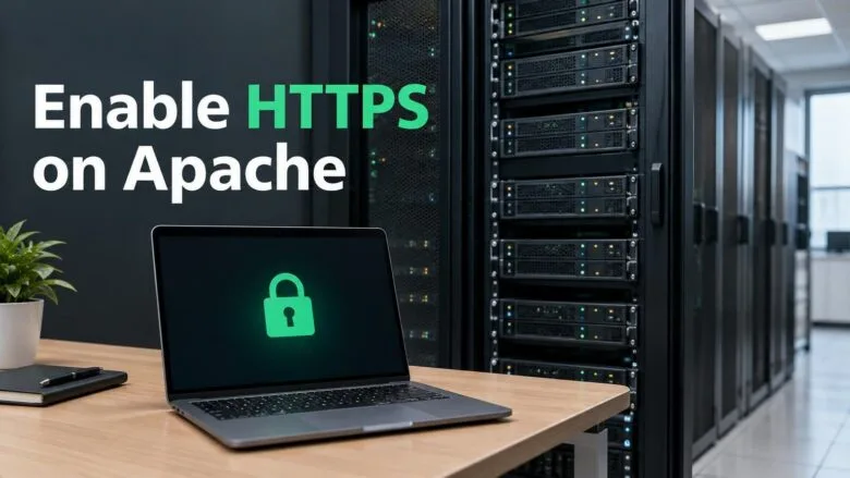 A server rack and laptop showing a terminal with a green padlock icon, illustrating how to enable HTTPS with Apache on Ubuntu.