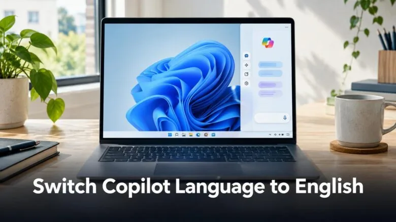 A Windows 11 laptop on a wooden desk showing the taskbar and Copilot panel, illustrating how to switch Copilot's language to English.