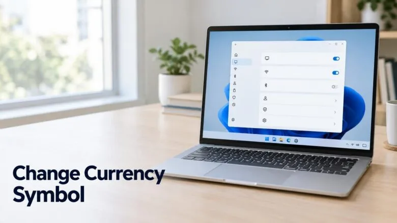 A Windows 11 laptop with Settings open on a wooden desk, illustrating how to change the currency symbol in region settings.