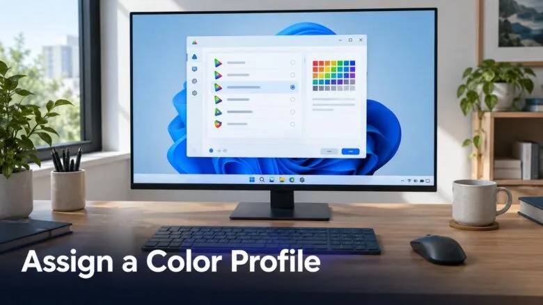 A Windows 11 desktop with a monitor showing the Color Management window, illustrating how to assign a color profile to a display.