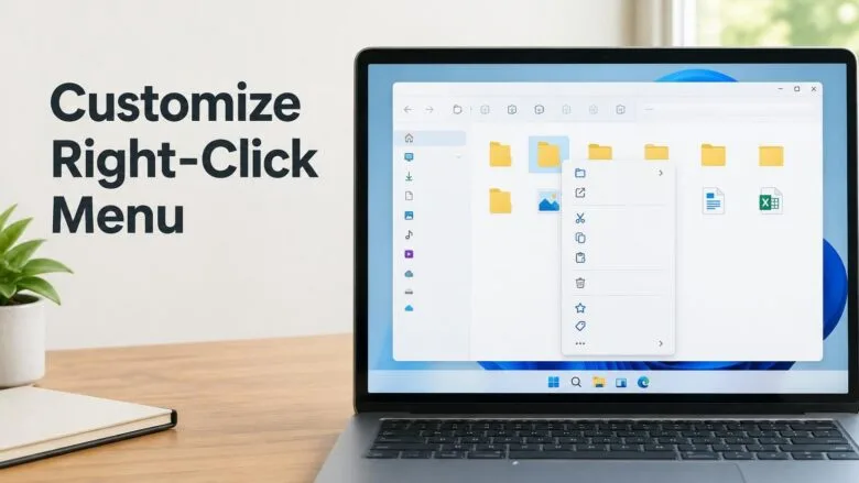 Windows 11 File Explorer with the right-click context menu open over a folder, showing icons for customizing menu items.