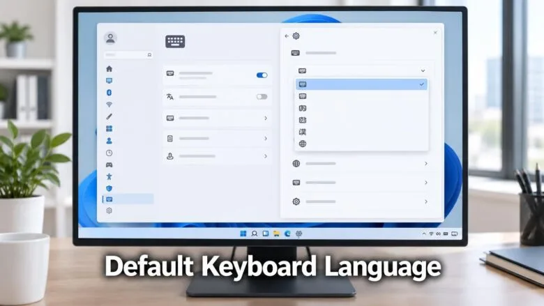Windows 11 Settings window displaying keyboard language selection options with highlighted dropdown menu for default input method.