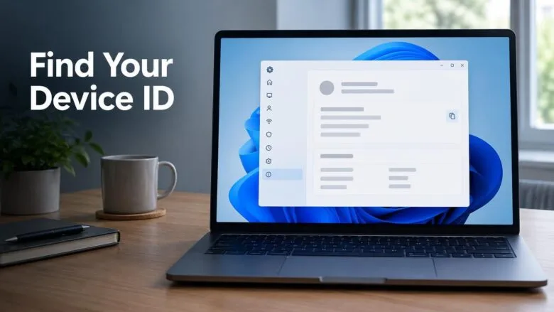 A Windows 11 laptop showing the About page in Settings, where you can find your Device ID under device specifications.