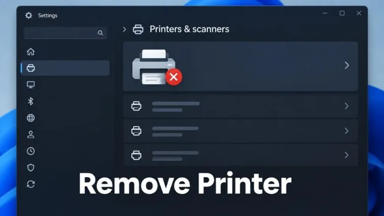 Windows 11 Settings window displaying the Printers & scanners section with a printer device marked for removal.