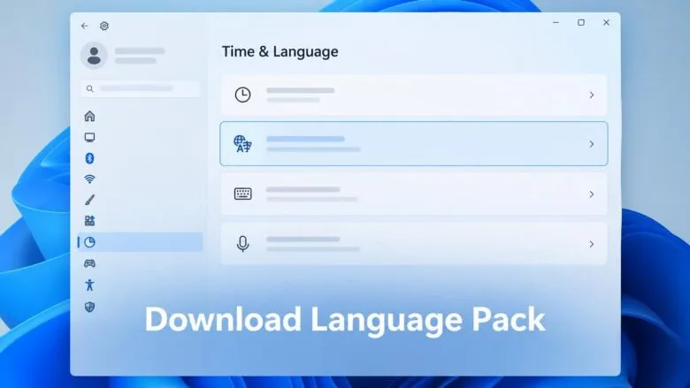 Windows 11 Settings window displaying Language & Region options for downloading a language pack offline.
