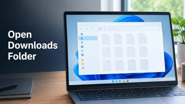Windows 11 File Explorer with Downloads highlighted in the left pane, showing how to open downloads on this PC.