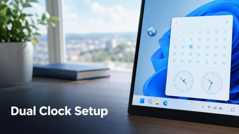 Windows 11 taskbar with the calendar flyout open above the clock, showing how a dual clock for another time zone appears.