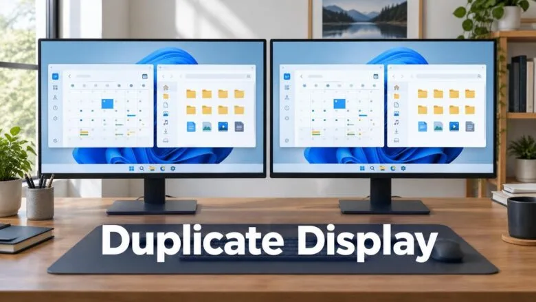 Windows 11 dual-monitor setup showing identical desktop content mirrored on both screens with the title Duplicate Display.