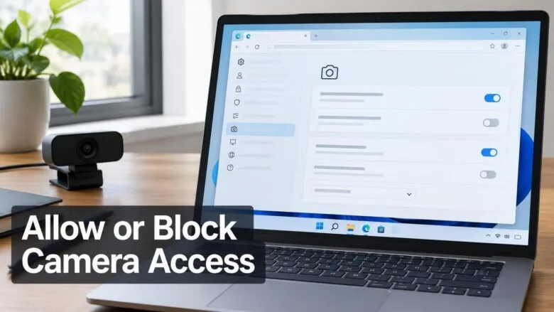 A Windows 11 laptop with Microsoft Edge open to a settings page beside a webcam, illustrating how to allow or block camera access.