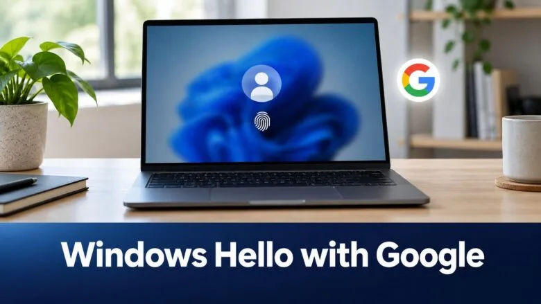 A Windows 11 laptop sign-in screen with a user avatar and fingerprint icon, illustrating Windows Hello sign-in with a Google account.