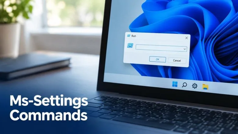 A Windows 11 laptop screen with the Run dialog open, illustrating how to launch Ms-Settings commands that open specific Settings pages.