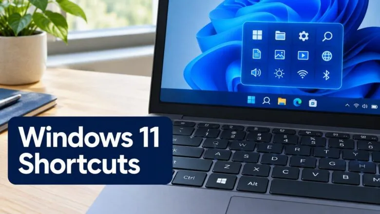 A Windows 11 laptop keyboard on a wooden desk, showing the Windows logo key and Ctrl and Alt keys used for built-in keyboard shortcuts.