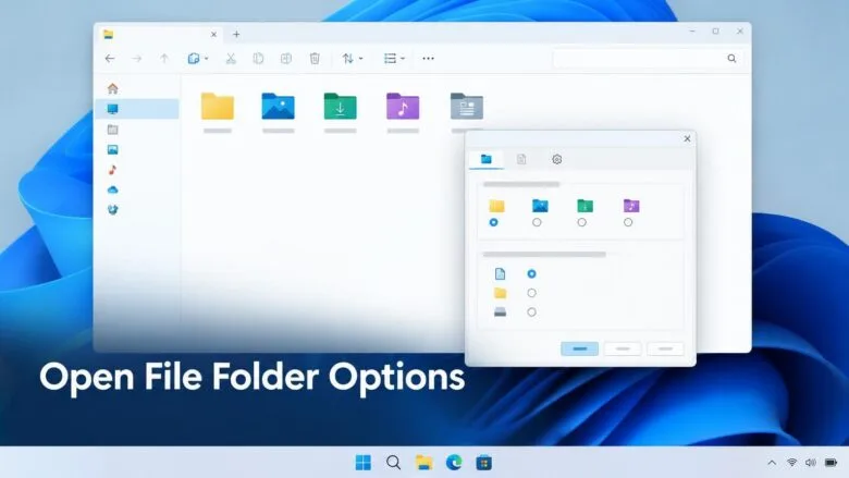 Windows 11 desktop with File Explorer open and the folder options dialog displayed, showing how to open file folder settings.