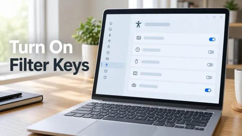 A Windows 11 Settings window with toggle switches open beside a laptop keyboard, illustrating how to turn on Filter Keys.