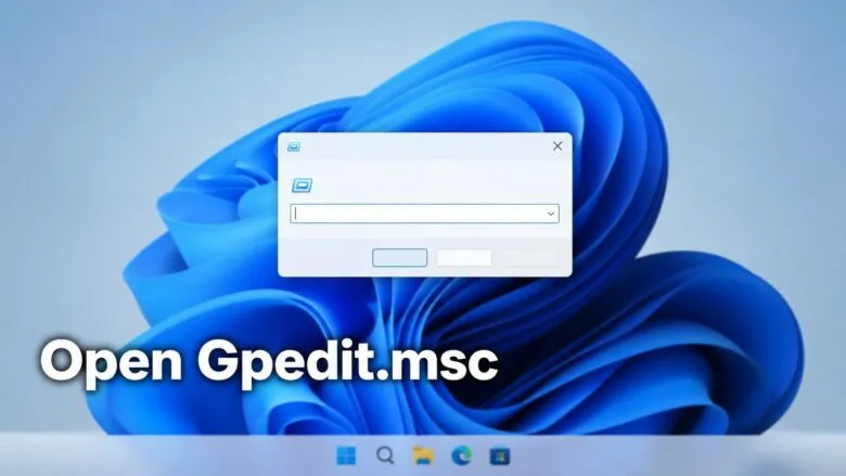 Windows 11 desktop with the Run dialog open, ready to type gpedit.msc to launch the Local Group Policy Editor.