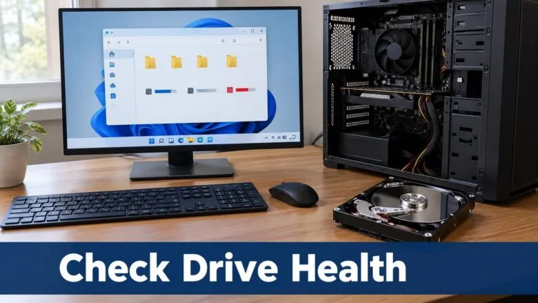 A desktop PC and hard disk drive on a desk beside a Windows 11 window, illustrating how to check drive health.