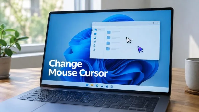 A Windows 11 laptop desktop with a mouse cursor hovering over an open window, showing how to change the cursor image.