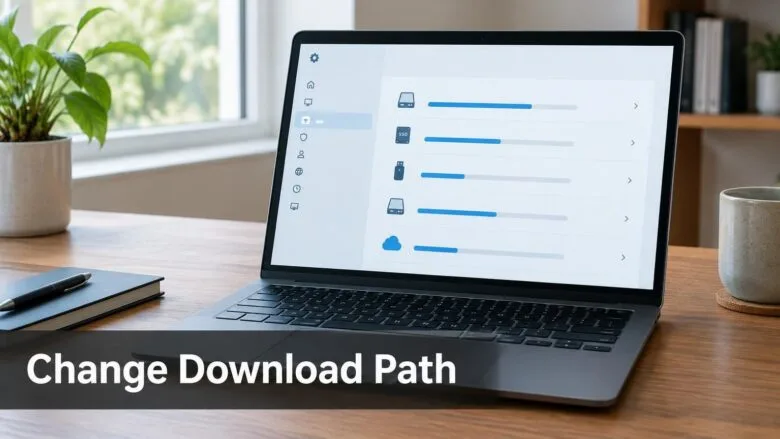 Windows 11 Settings storage page on a laptop, showing drive icons and a storage bar used to change the Microsoft Store download path.