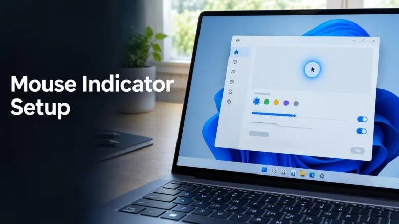 Windows 11 laptop screen with a glowing circle highlighting the mouse pointer, illustrating how to change the mouse indicator activation method.