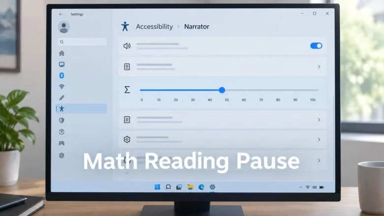 Windows 11 Settings window displaying Narrator accessibility options with a pause factor slider control for math reading.