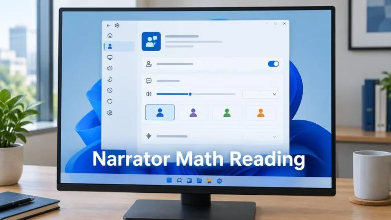 Windows 11 Settings panel displaying Narrator math reading speech style options on a desktop screen.