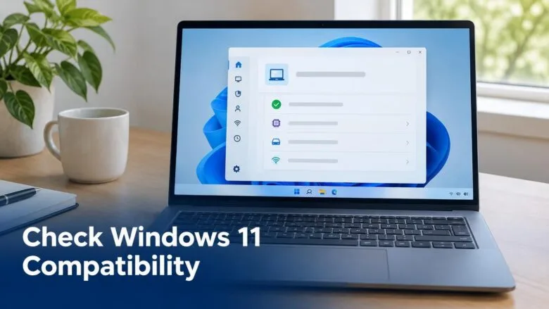 A laptop on a wooden desk showing a Windows 11 screen, illustrating how to check whether a PC can upgrade to Windows 11.