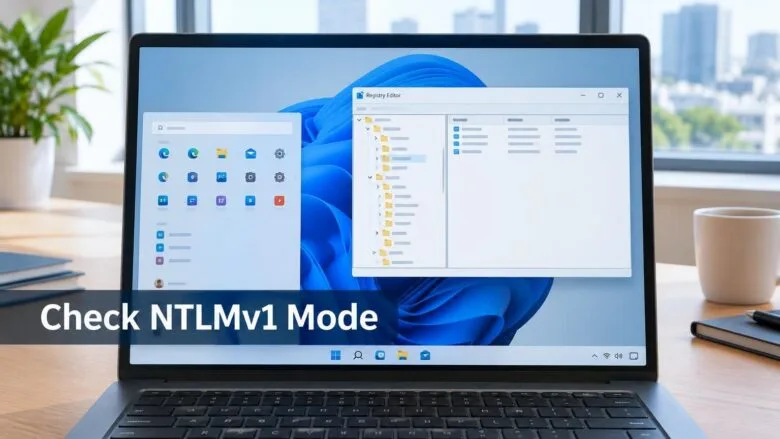 A Windows 11 laptop on a desk showing the desktop and a registry editor window, illustrating how to check NTLMv1 Enforce mode changes.