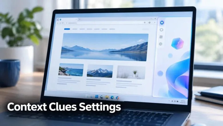 Windows 11 laptop showing Microsoft Edge with the Copilot side panel open, illustrating the Context Clues setting.