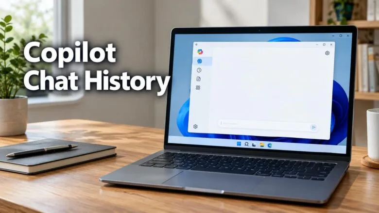 A Windows 11 laptop on a desk showing the Copilot app with a settings icon, illustrating how to turn Copilot chat history on or off.
