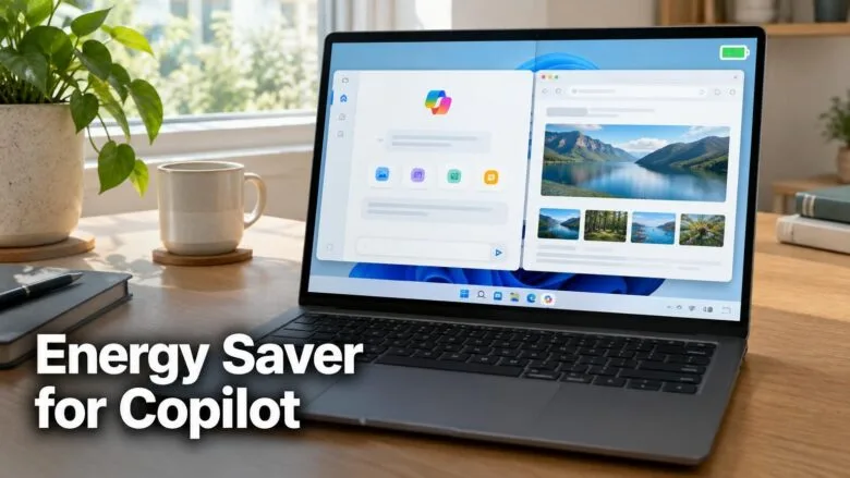 A Windows 11 laptop on a desk showing the Copilot app with a web page open beside the chat, illustrating the energy saver setting for battery life.