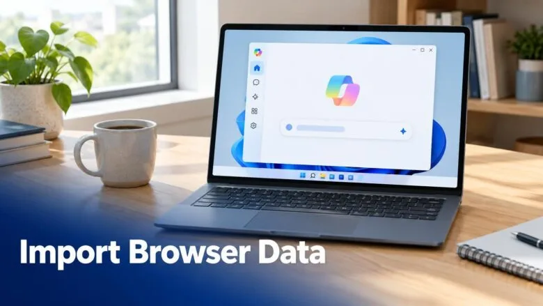 A Windows 11 laptop on a wooden desk showing the Copilot app, illustrating how to turn Microsoft Edge browser data import on or off.
