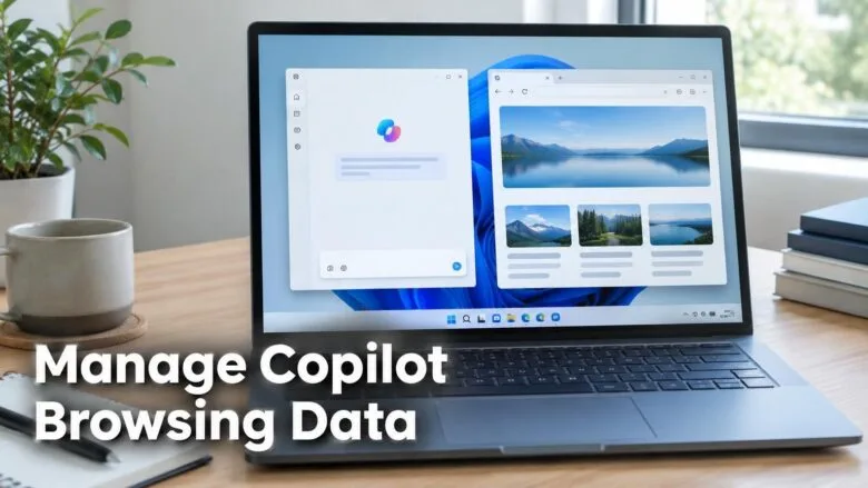 Windows 11 laptop on a wooden desk with the Copilot chat window open beside a web browser, showing how to manage browsing data.